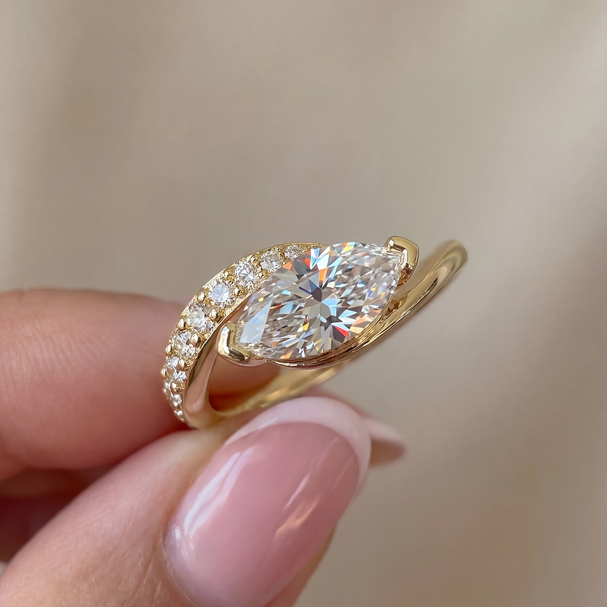 Women's Twisted Arm Half-Inlaid Marquise Ring